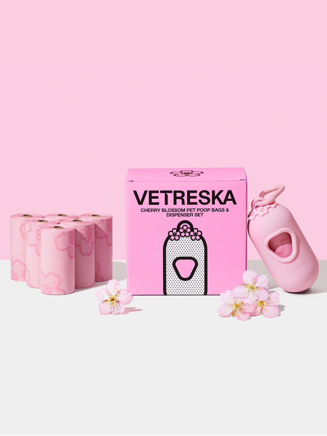 Cherry Blossom Pet Poop Bags & Dispenser Set (1 Dispenser + 7 Rolls)