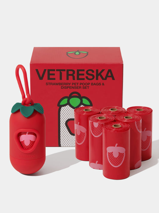 VETRESKA Strawberry Pet Poop Bags & Dispenser Set