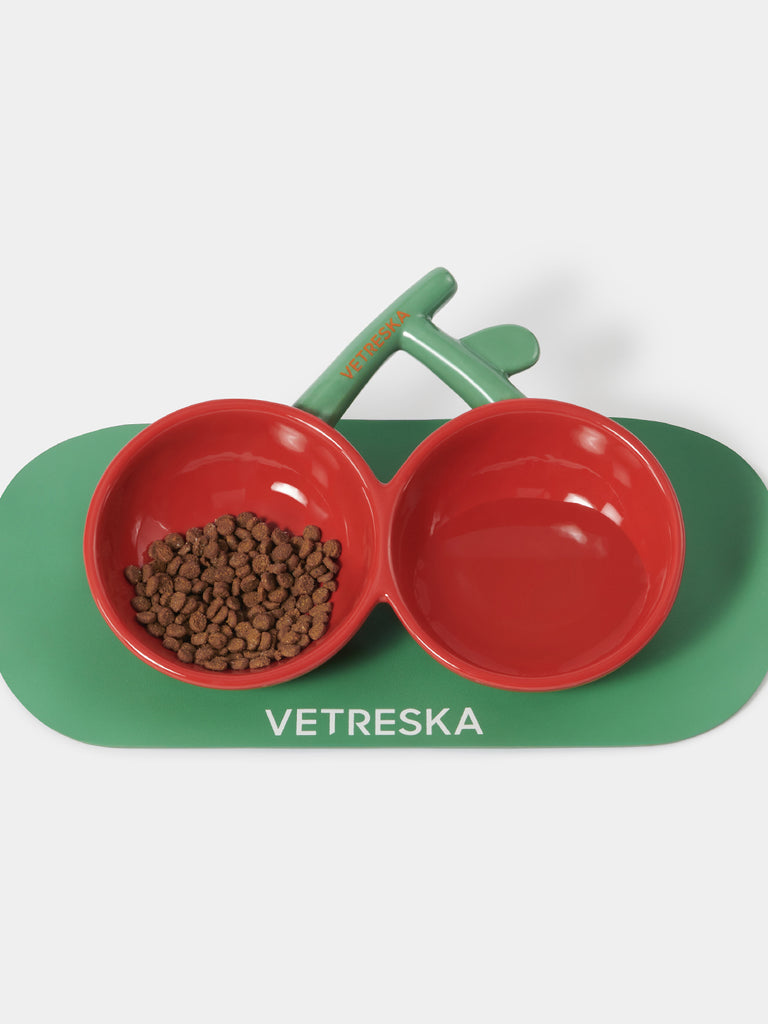 Cherry Ceramic Pet Bowls & Mat Set