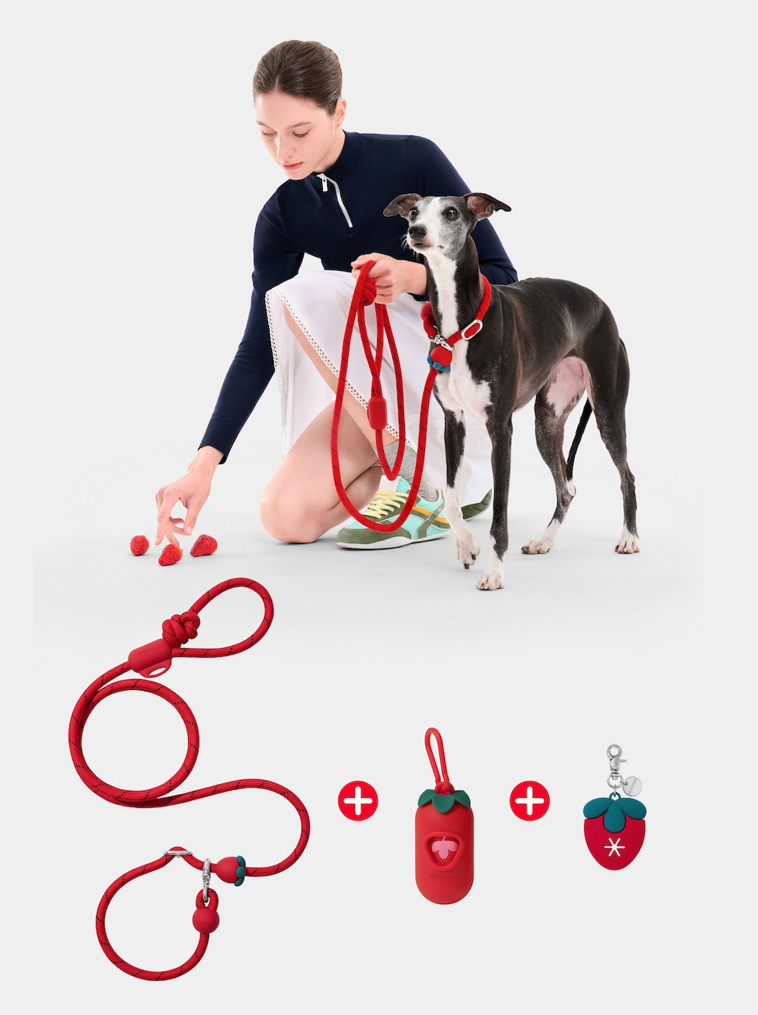 Connect 3 in 1 Walk Kit - Strawberry (Hands-Free Rope Leash, Hands-Free Poop Bag Clip, Dipsenser & Poop Bags)