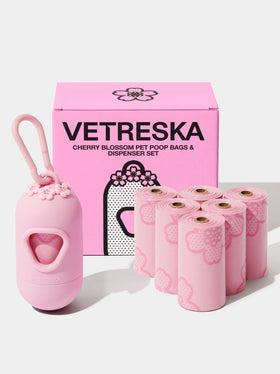 Cherry Blossom Pet Poop Bags & Dispenser Set (1 Dispenser + 7 Rolls)