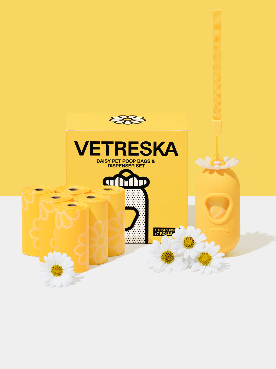 Vetreska Daisy Pet Poop Bags & Dispenser (1 Dispenser + 7 Roll)