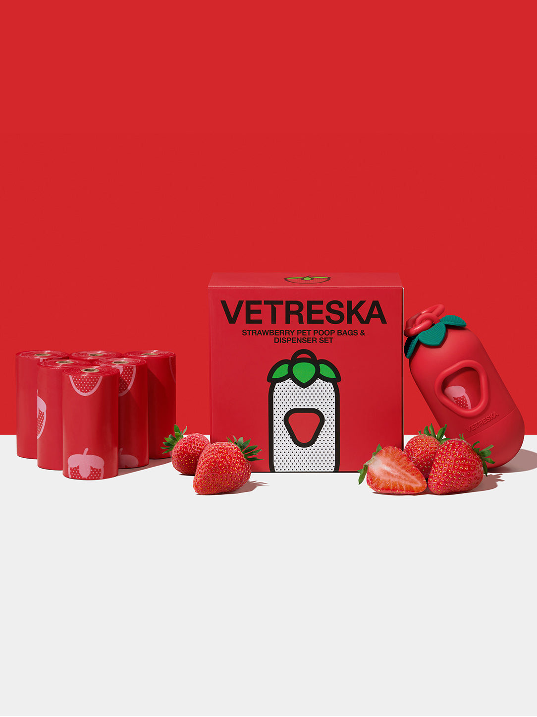 VETRESKA Strawberry Pet Poop Bags & Dispenser Set 